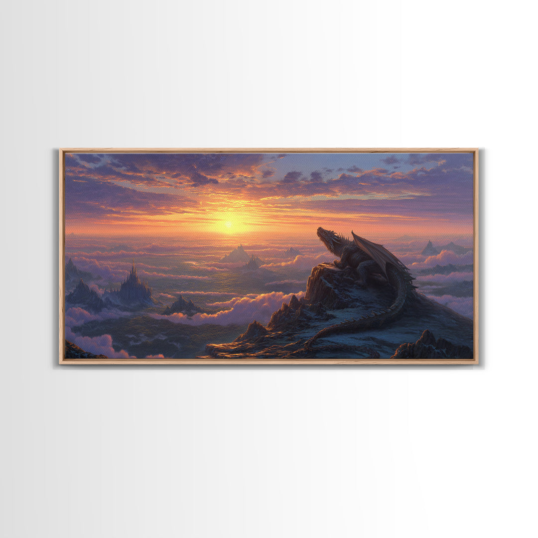 Sunset Dragon Mountain Kingdom Wall Art, Epic Fantasy Landscape Canvas, Medieval Castle Decor, Large Fantasy Art Print Gift