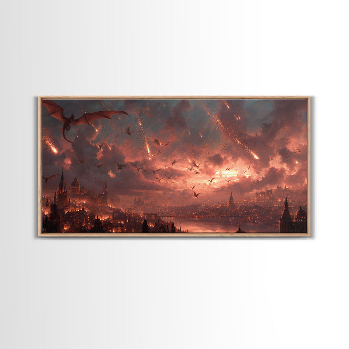 Dragon Siege Over Burning City Canvas Print, Dark Fantasy Wall Art, Gothic Medieval Decor, Epic Game Room Poster Gift For Gamer