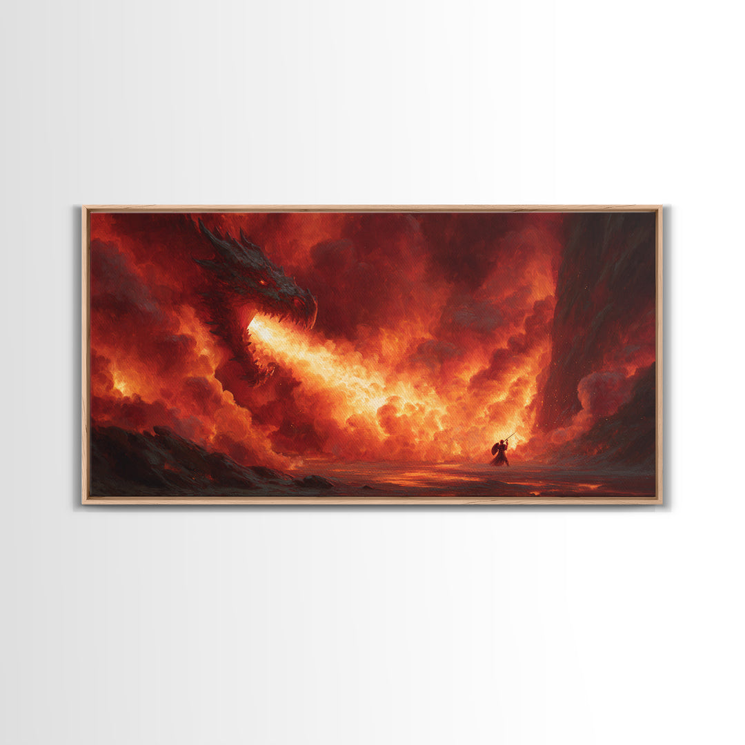 Fire Breathing Dragon In Volcanic Sky Canvas Print, Dark Fantasy Wall Art, Epic Dragon Art, Fantasy Decor, Gamer Room Decor, Large Artwork