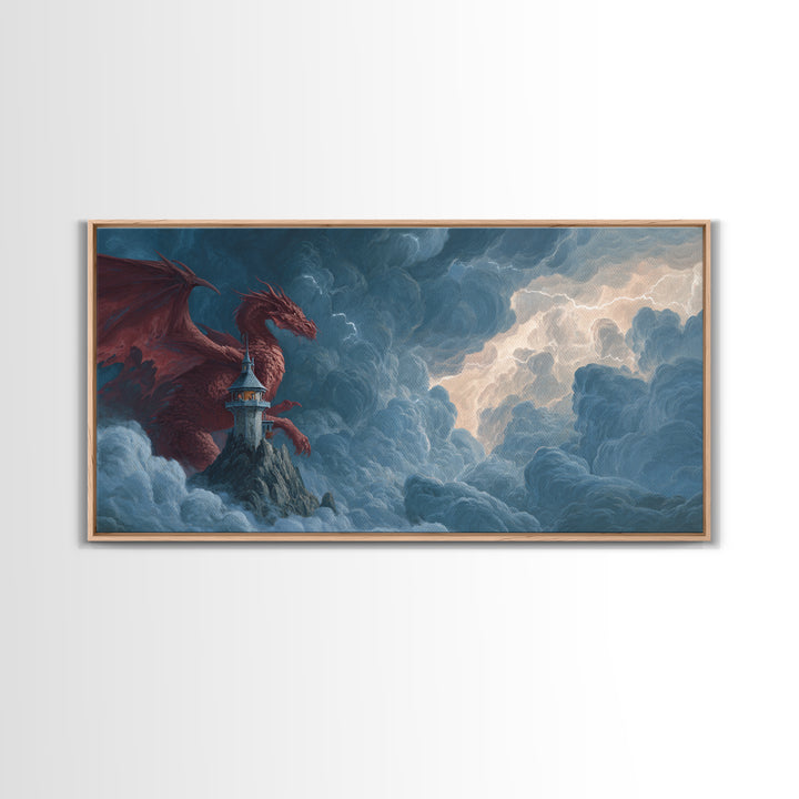 Red Dragon Lighthouse In Storm Clouds Canvas Print, Epic Fantasy Wall Decor, Mythical Creature Art, Dungeons And Dragons Gift