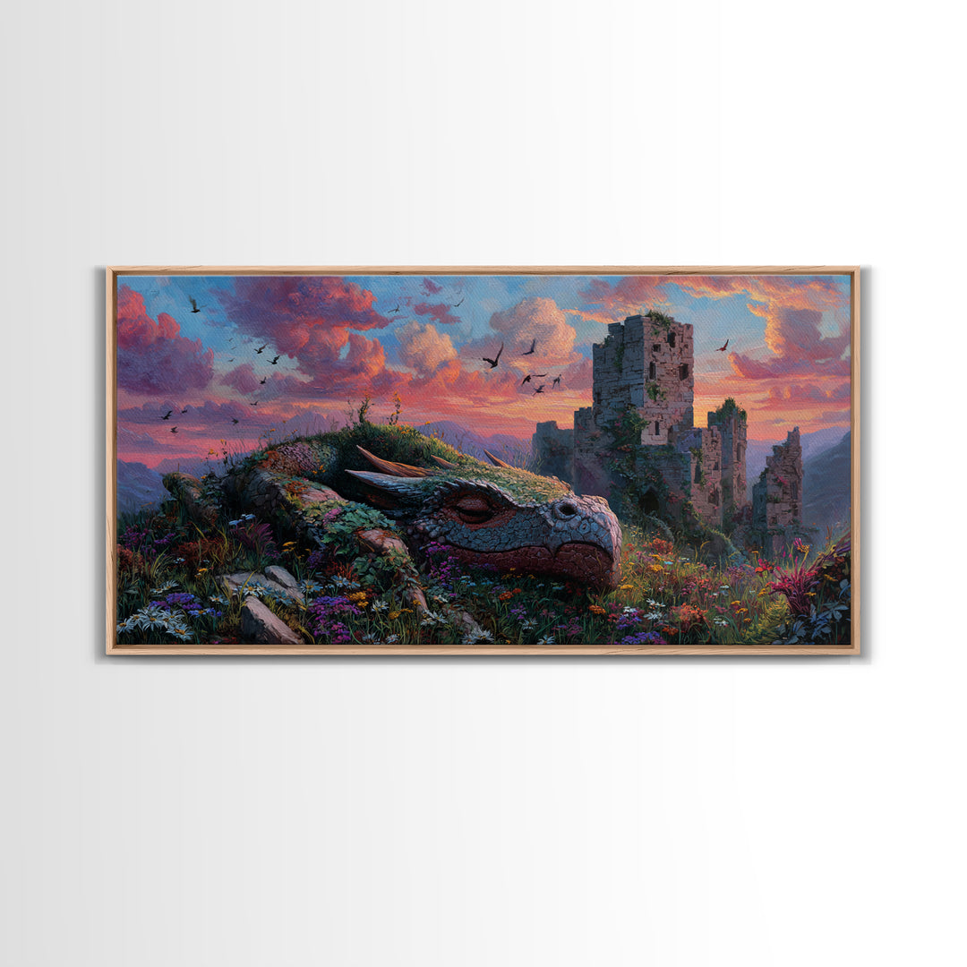 Sleeping Dragon Among Wildflowers Framed Canvas Print, Fantasy Wall Art, Whimsical Decor, Nursery Art, Enchanted Castle Art
