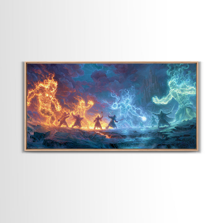 Elemental Dragon Battle Canvas Print, Fire And Ice Fantasy Wall Art, Epic Magic Warrior Decor, RPG Gamer Room Gift For Him