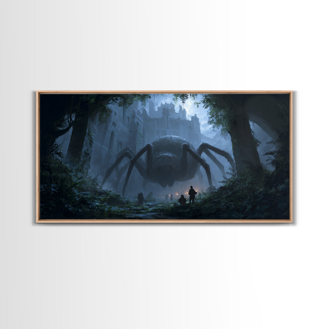 Giant Spider In Ruined Forest Canvas Print, Dark Fantasy Wall Art, Gothic Castle Decor, Creepy Dungeons And Dragons Gift