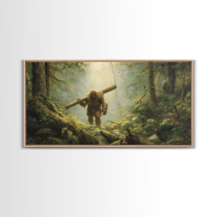 Bigfoot Carrying Log Through Mossy Forest Wall Art, Whimsical Wildlife Canvas Print, Cabin Decor, Fantasy Home Decor, Unique Gift