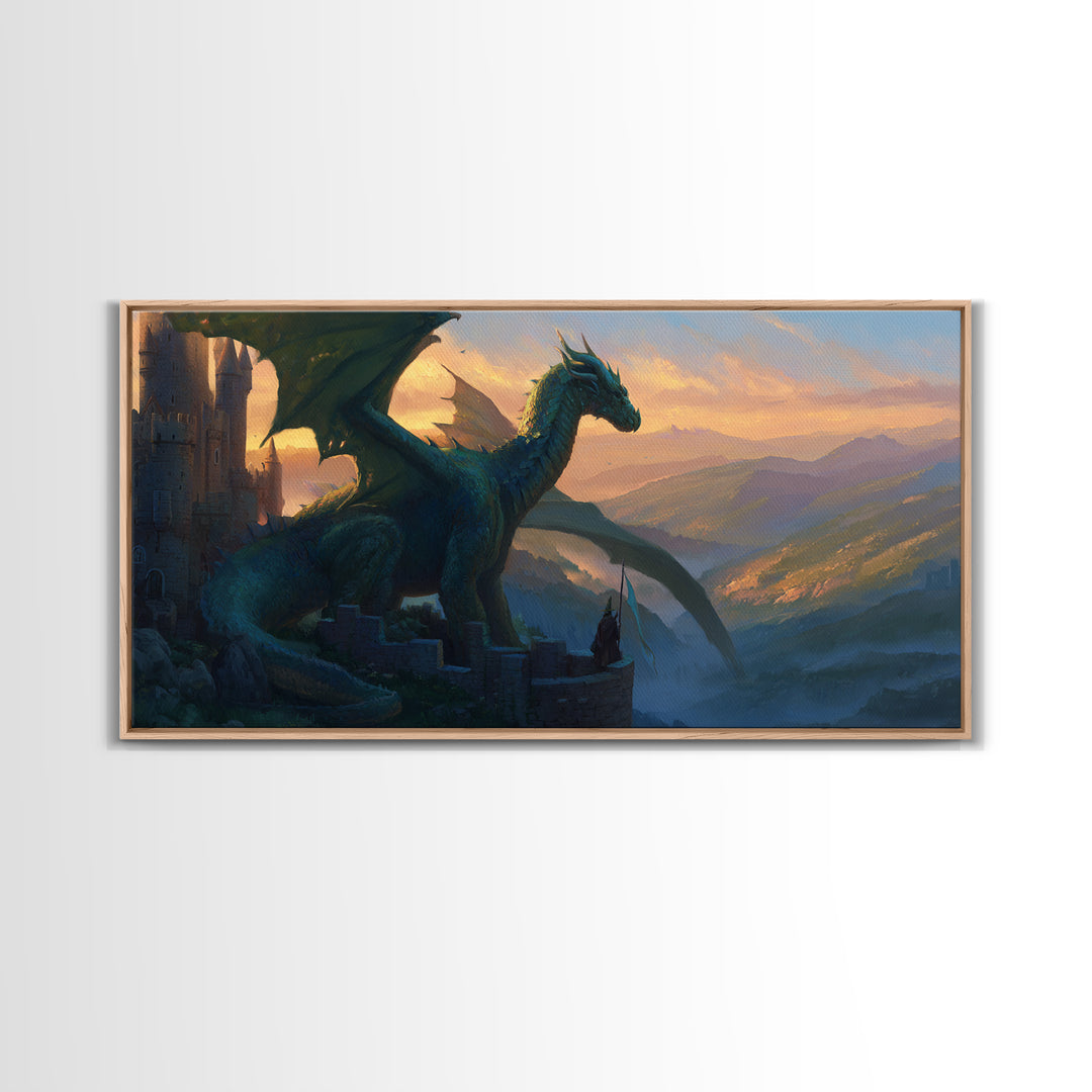 Emerald Dragon Castle Wall Art, Fantasy Landscape Canvas Print, Medieval Gothic Decor, Large Mythical Creature Artwork Gift