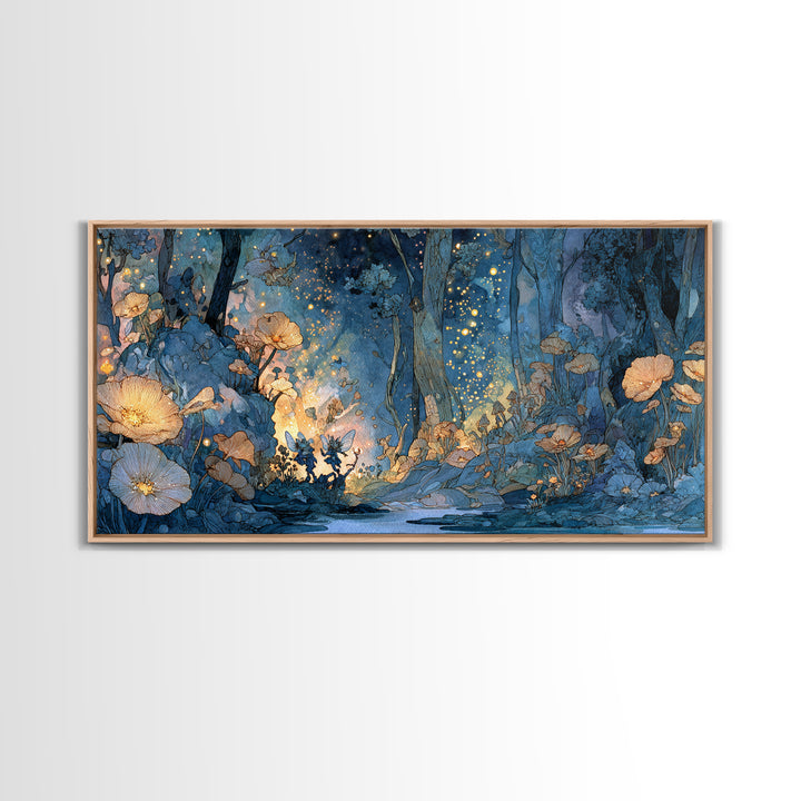 Glowing Blue Fairy Forest Canvas Print, Whimsical Floral Wall Art, Enchanted Woodland Decor, Firefly Fantasy Print, Nursery Wall Decor