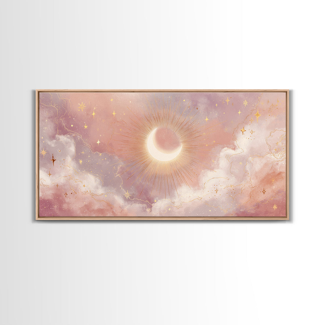 Glowing Solar Eclipse With Pink Clouds Wall Art, Celestial Canvas Print, Moon And Stars Decor, Dreamy Bedroom Decor Gift For Her