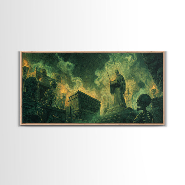 Green Necromancer Crypt Canvas Print, Skeleton Ritual Dark Fantasy Art, Gothic Wall Art, Occult Decor, Dungeons And Dragons Gift