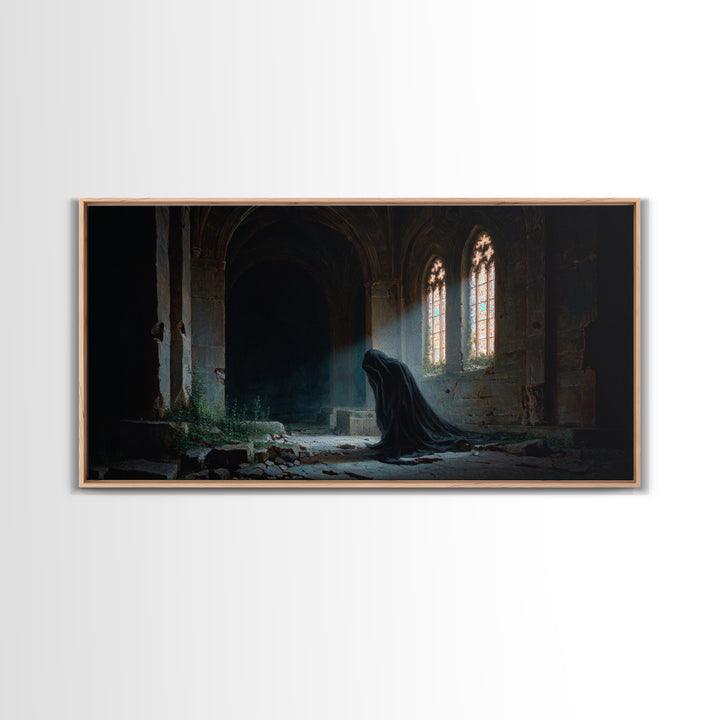 Hooded Figure In Ruined Gothic Cathedral Framed Canvas Print, Dark Academia Wall Art, Moody Spiritual Decor For Home Office