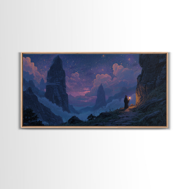 Starry Mountain Pass Canvas Print, Wizard Journey Wall Art, Fantasy Landscape Decor, Purple Night Sky Art Print For Bedroom