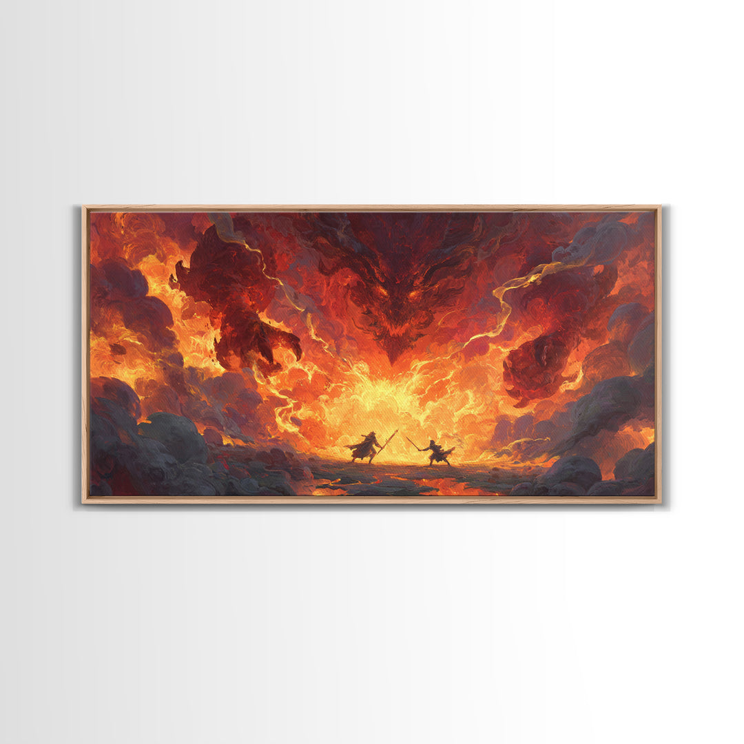 Fiery Demon Battle Scene Canvas Print, Dark Fantasy Wall Art, Dragon Artwork, Gothic Decor, Gaming Room Statement Art, Large Wall Art