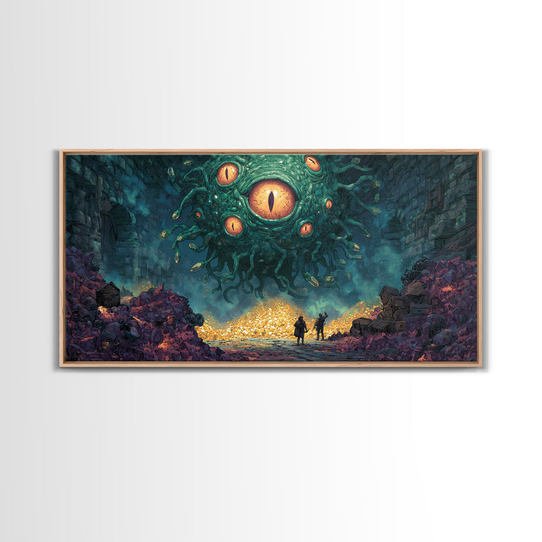 Floating Eyed Monster Over Gold Hoard Canvas Print, Dark Fantasy Wall Art, Dungeon Decor, Gaming Room Art, Gift For Gamer