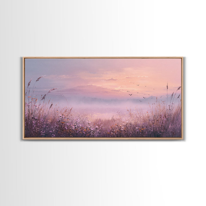 Misty Pink Sunrise Meadow Landscape Wall Art, Wildflower Canvas Print, Nature Wall Decor, Calming Bedroom Decor Gift For Her
