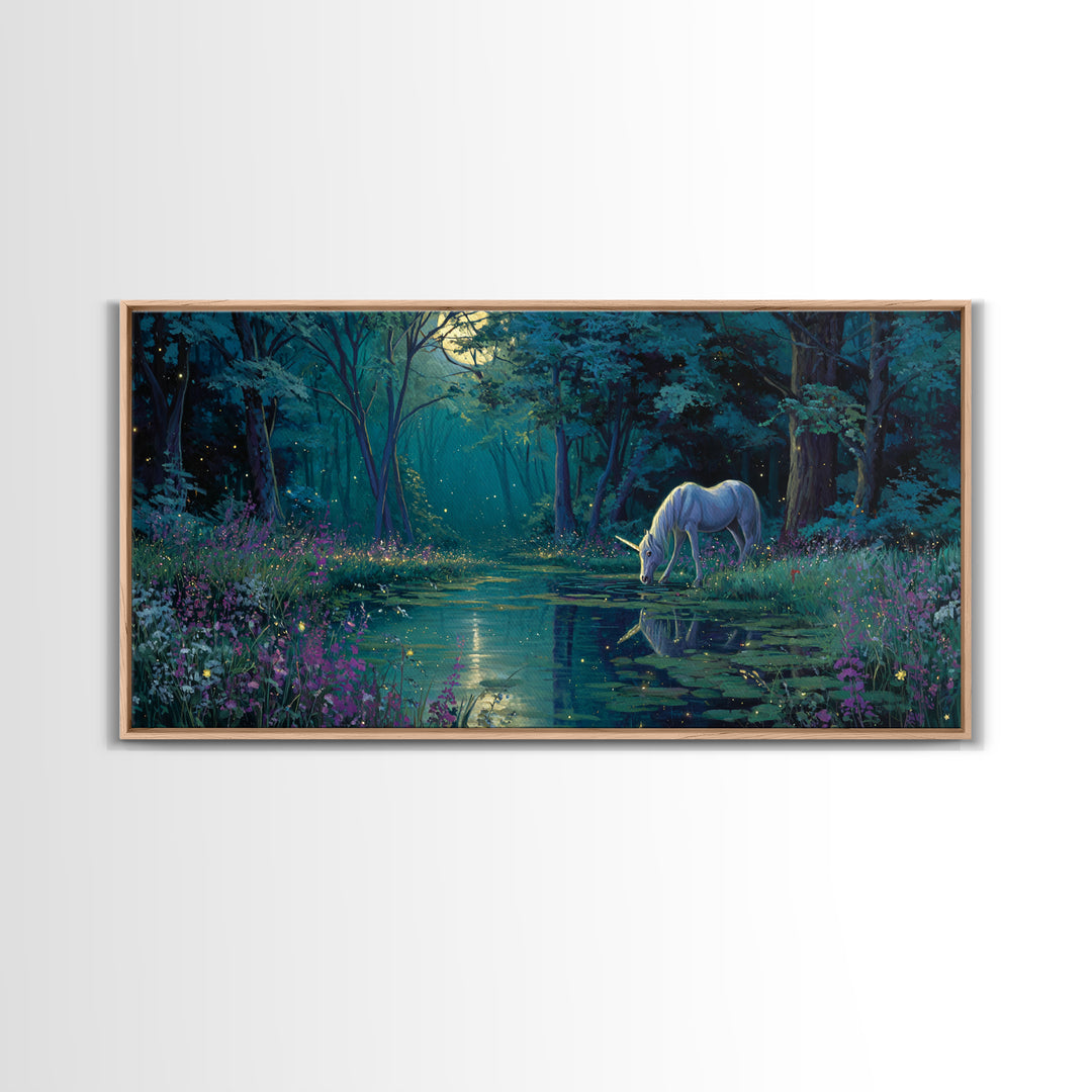 Moonlit Unicorn Forest Pond Wall Art, Enchanted Fantasy Landscape Canvas, Whimsical Nursery Decor, Magical Gift For Her Art