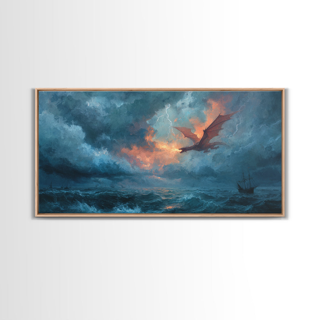 Storm Dragon Flying Over Ocean Ship Canvas Print, Fantasy Wall Art, Nautical Seascape Decor, Dramatic Coastal Art, Gift For Him