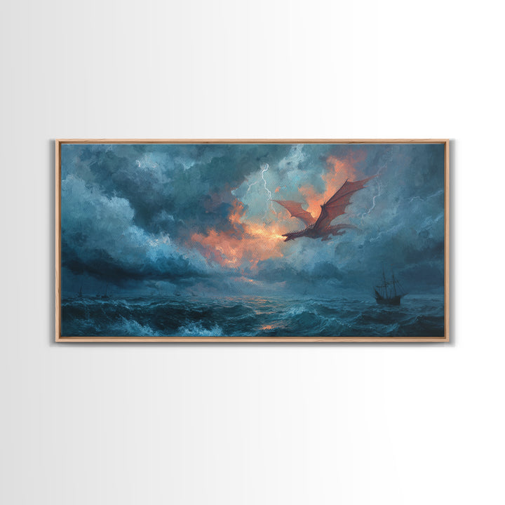 Storm Dragon Flying Over Ocean Ship Canvas Print, Fantasy Wall Art, Nautical Seascape Decor, Dramatic Coastal Art, Gift For Him