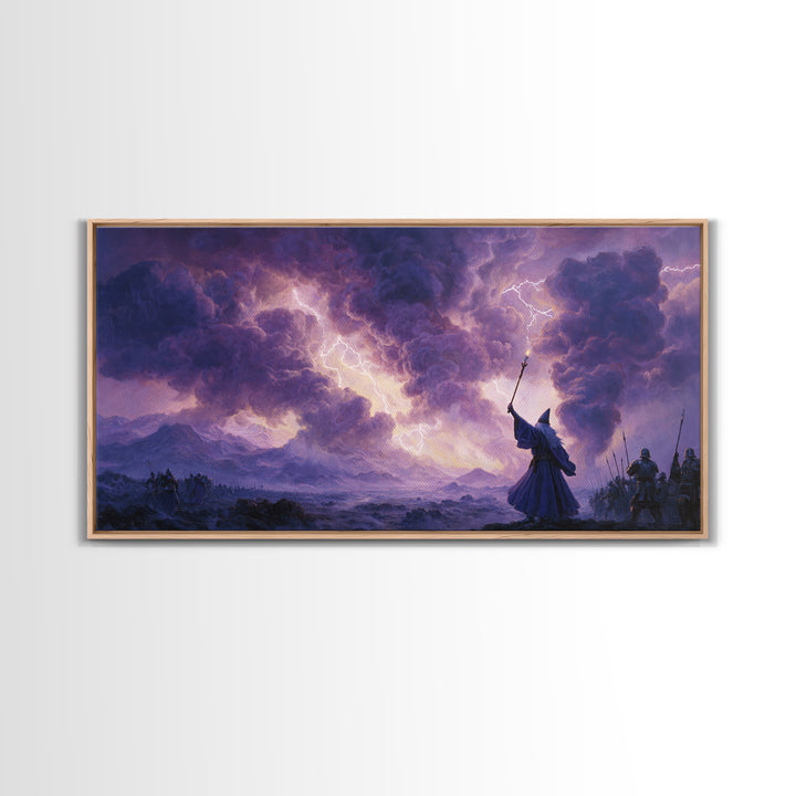 Wizard Lightning Storm Canvas Print, Epic Fantasy Wall Art, Dark Magic Battle Scene, Dramatic Landscape Decor For Game Room