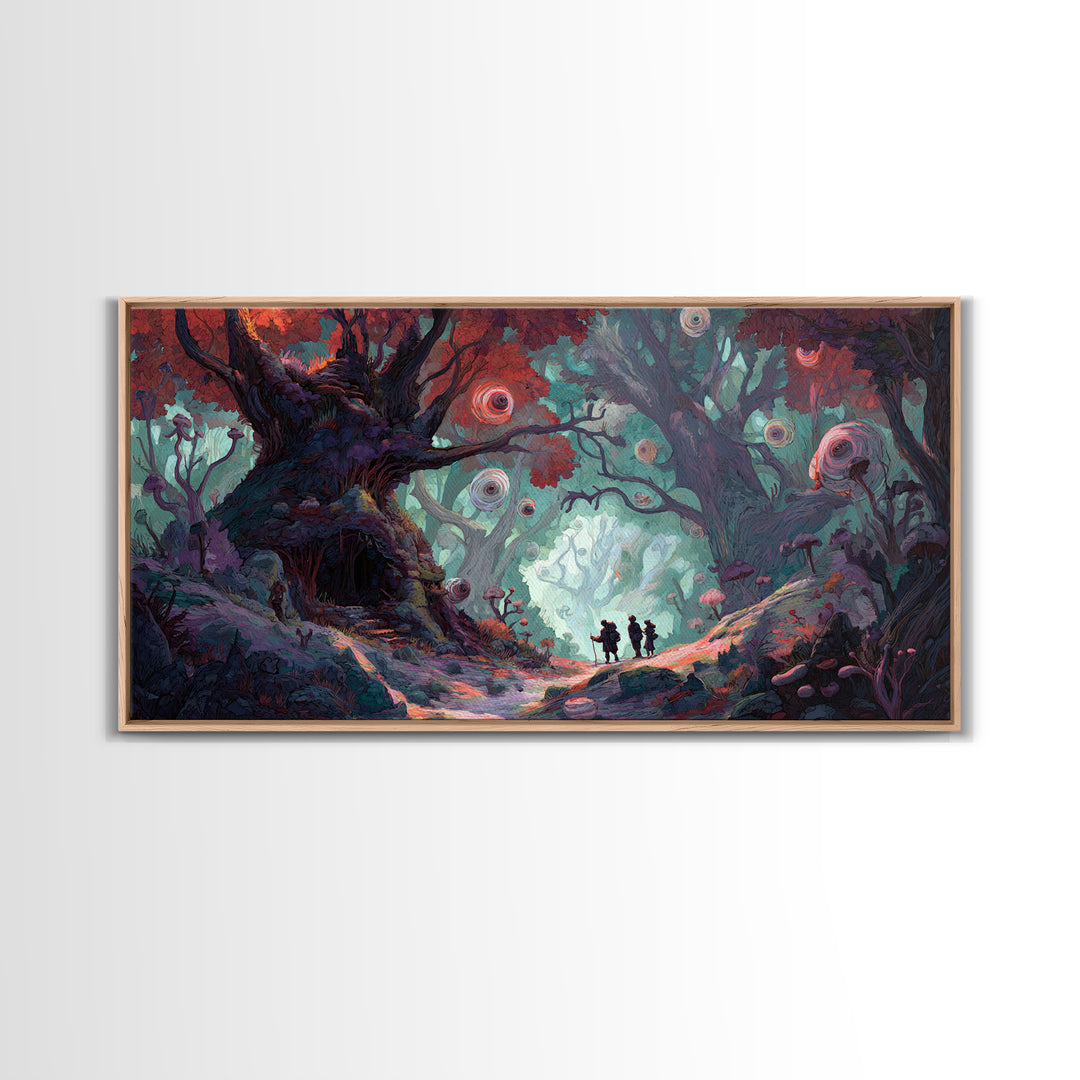 Enchanted Forest Path With Glowing Orbs Wall Art, Fantasy Woodland Canvas Print, Whimsical Fairy Tale Home Decor, Living Room Decor