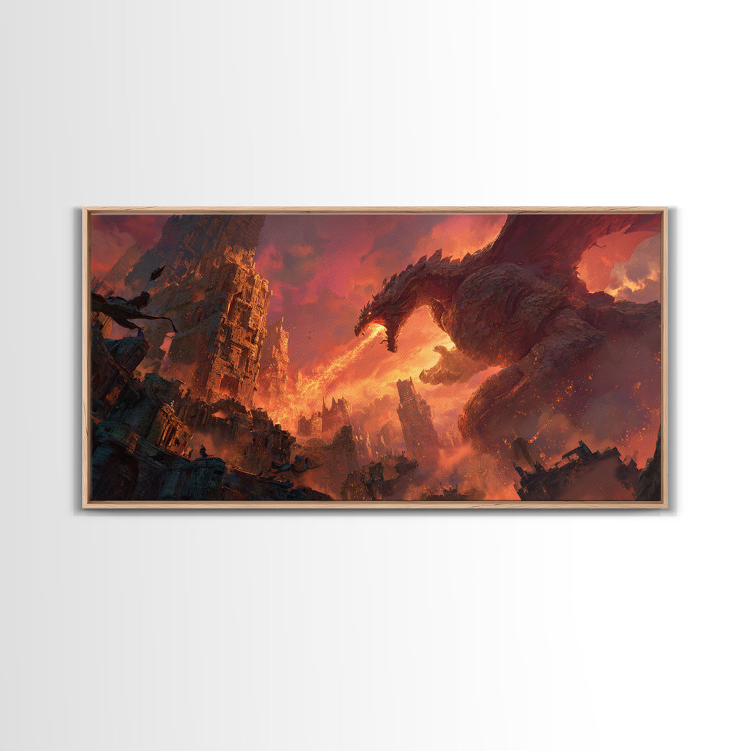 Fire Breathing Dragon Over Ruined City Canvas Print, Dark Fantasy Wall Art, Apocalyptic Decor, Gaming Room Statement Art