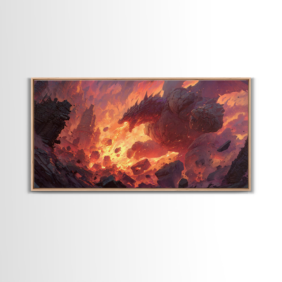 Fire Dragon Rising From Ruins Wall Art, Dark Fantasy Canvas Print, Epic Mythical Decor For Gamer Room And Statement Wall