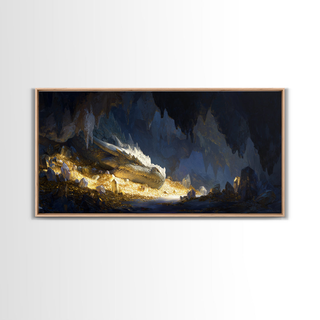 Sleeping Dragon In Golden Cave Wall Art, Fantasy Canvas Print, Mythical Creature Decor, Dark Academia Home Decor, Gift For Him