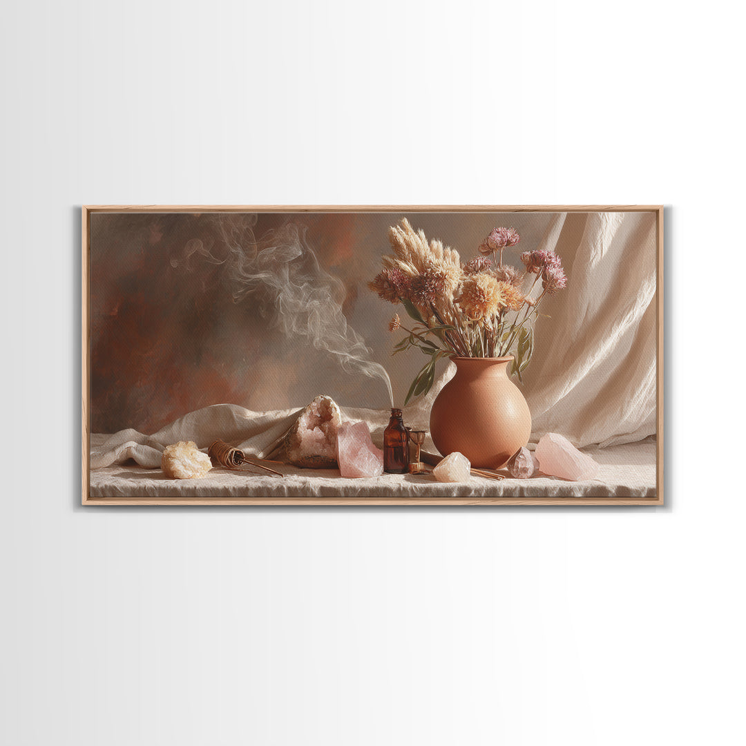 Dried Flowers And Rose Quartz Still Life Wall Art, Boho Apothecary Decor, Neutral Botanical Canvas Print, Gift For Her, Modern Home Decor