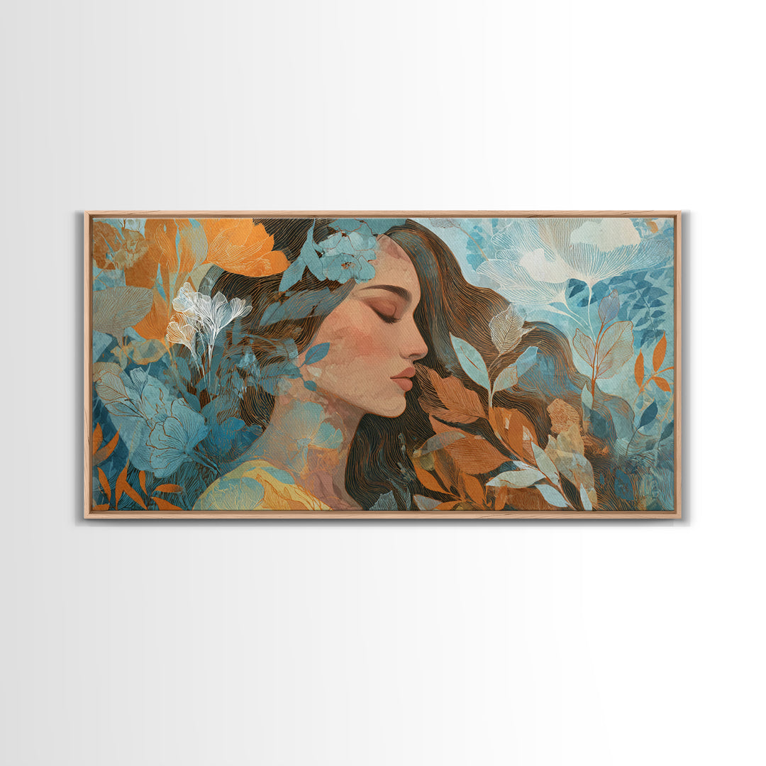 Serene Woman With Blue Botanicals Canvas Print, Abstract Floral Portrait, Modern Wall Art For Living Room Decor, Gift For Her
