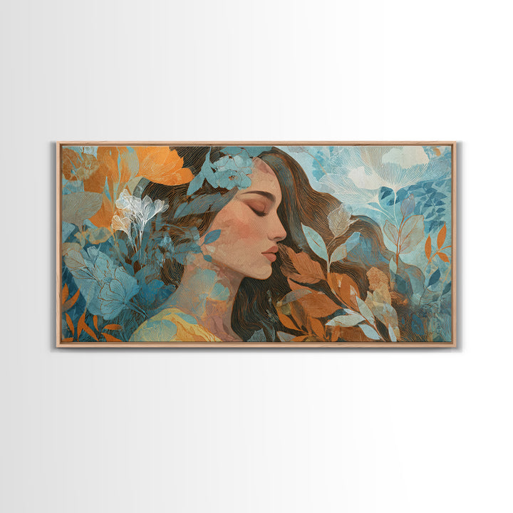 Serene Woman With Blue Botanicals Canvas Print, Abstract Floral Portrait, Modern Wall Art For Living Room Decor, Gift For Her