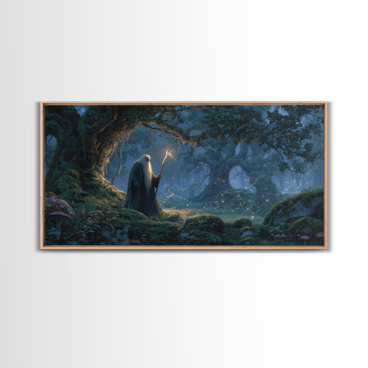 Wizard In Moonlit Enchanted Forest Canvas Print, Fantasy Wall Art, Magical Woodland Decor For Cozy Reading Nook Gift For Her