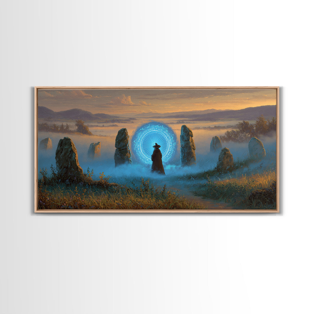 Mystic Portal Stone Circle Canvas Print, Blue Magical Landscape Wall Art, Fantasy Decor, Witchy Celestial Art Print Gift
