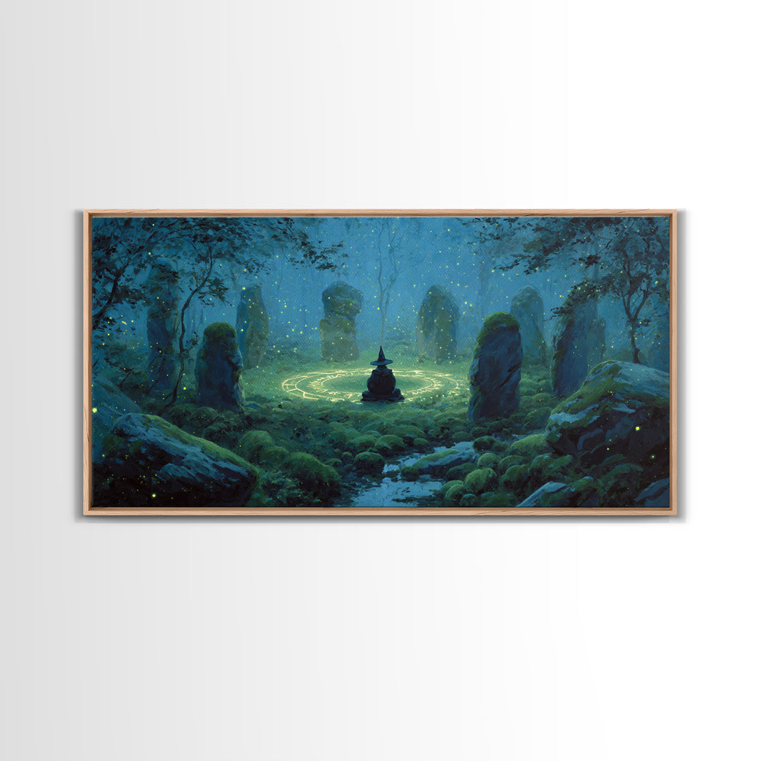 Glowing Stone Circle Witch In Enchanted Forest Canvas Print, Mystical Wall Art, Pagan Decor, Magical Nursery Art, Whimsical Home Decor