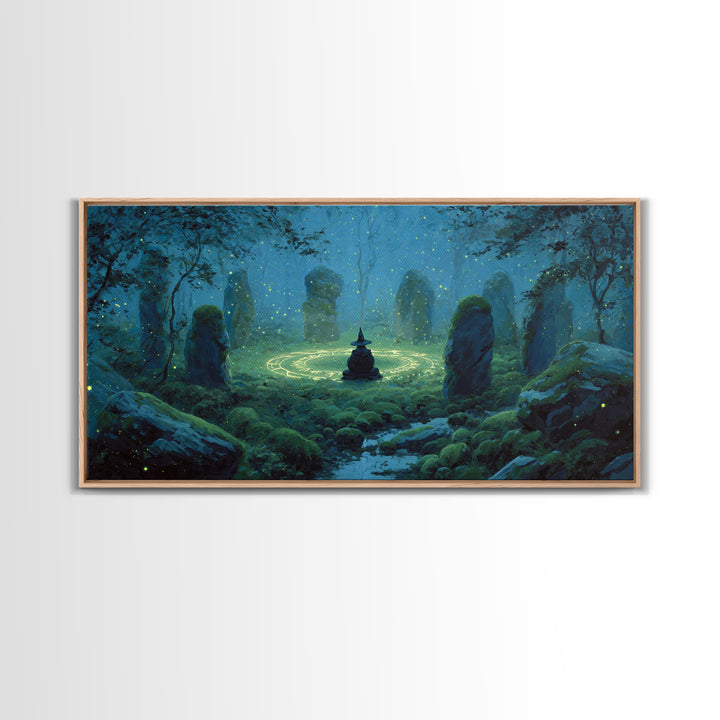 Glowing Stone Circle Witch In Enchanted Forest Canvas Print, Mystical Wall Art, Pagan Decor, Magical Nursery Art, Whimsical Home Decor
