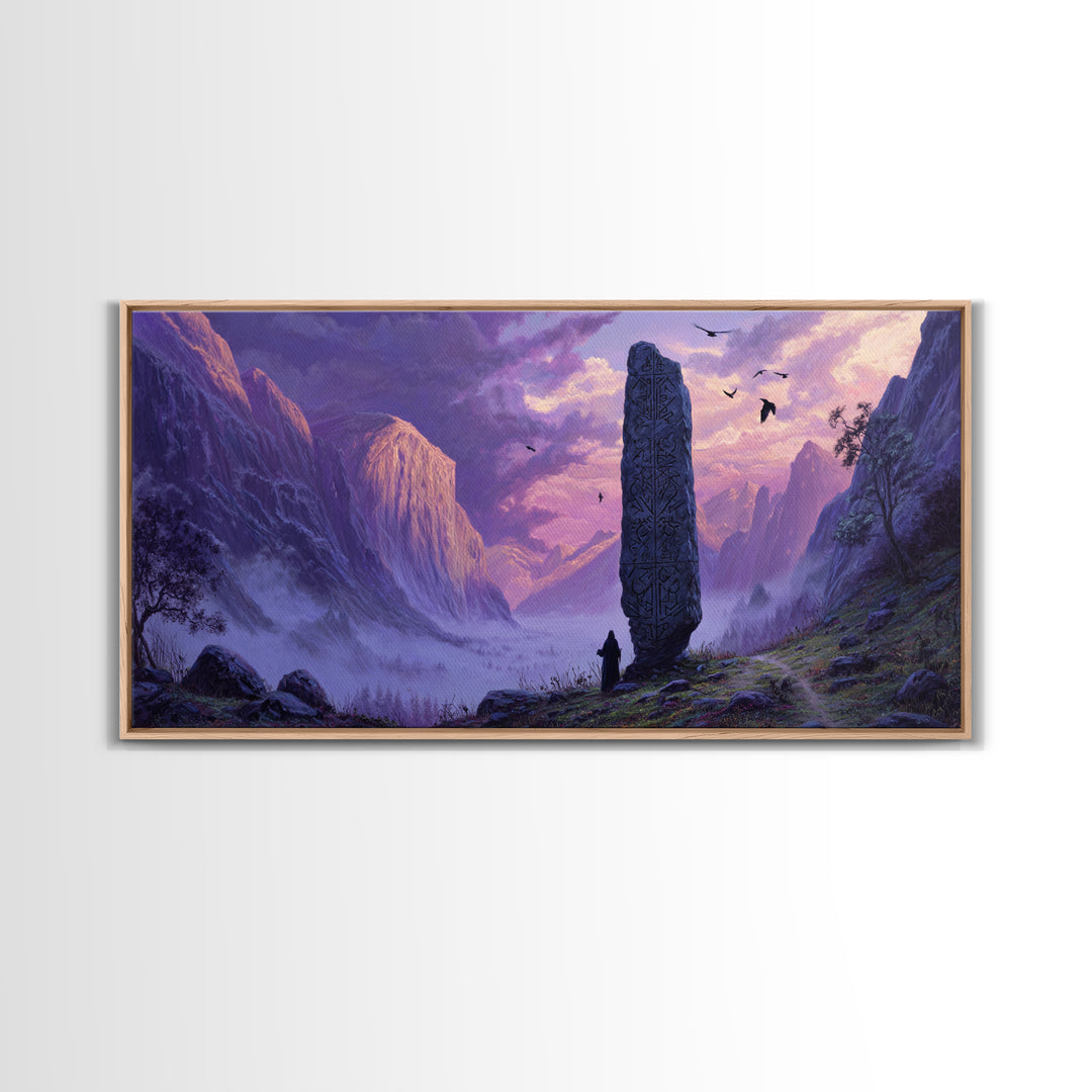 Ancient Rune Monolith Mountain Valley Canvas Print, Epic Fantasy Landscape Wall Decor, Purple Mist Adventure Art For Game Room