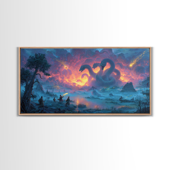Three Headed Hydra Lake Wall Art, Epic Fantasy Canvas Print, Dragon Battle Decor, Mythical Creature Art For Game Room Decor