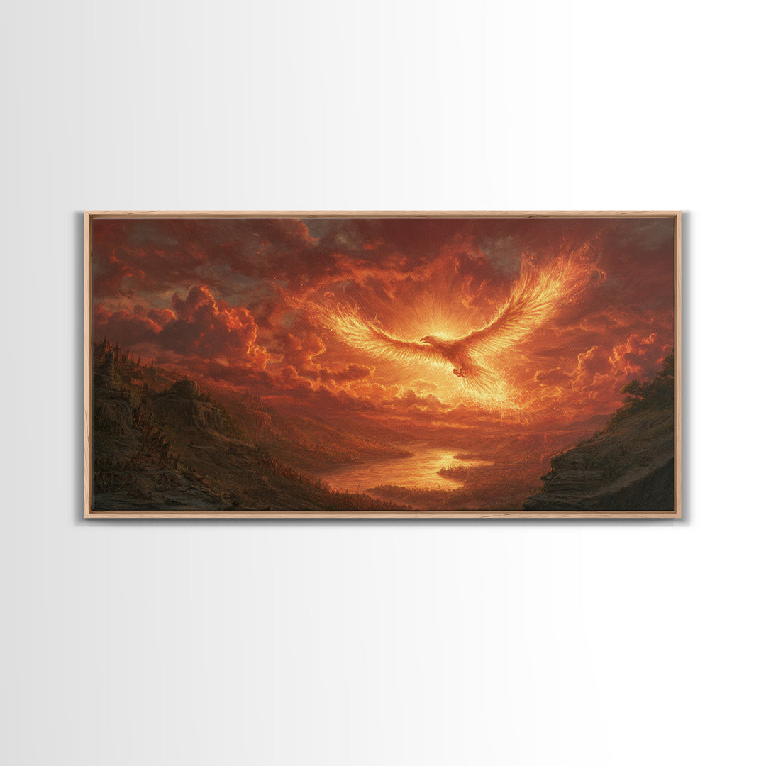 Fiery Phoenix Over Epic Valley Canvas Print, Fantasy Wall Art, Mythical Bird Painting For Gaming Room And Dramatic Home Decor
