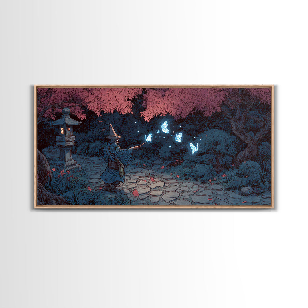 Wizard In Cherry Blossom Garden Wall Art, Magical Blue Butterfly Canvas Print, Japanese Fantasy Decor For Kids Room And Nursery