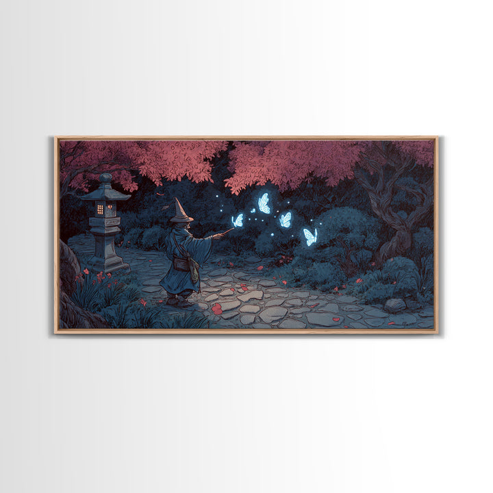 Wizard In Cherry Blossom Garden Wall Art, Magical Blue Butterfly Canvas Print, Japanese Fantasy Decor For Kids Room And Nursery
