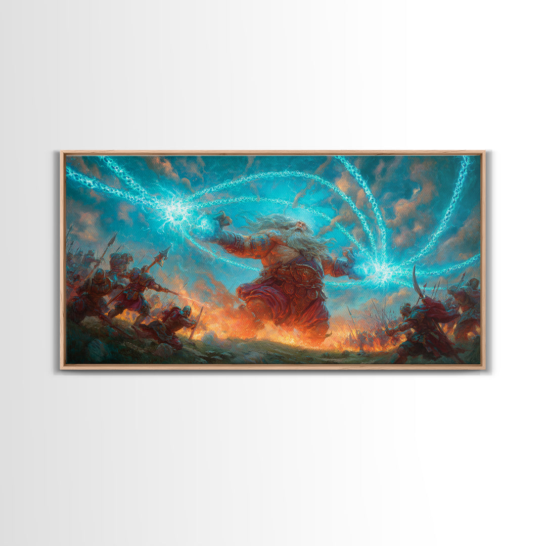 Giant Storm Mage Casting Lightning Canvas Print, Epic Fantasy Wall Art For Gaming Room Decor And Dramatic Statement Artwork