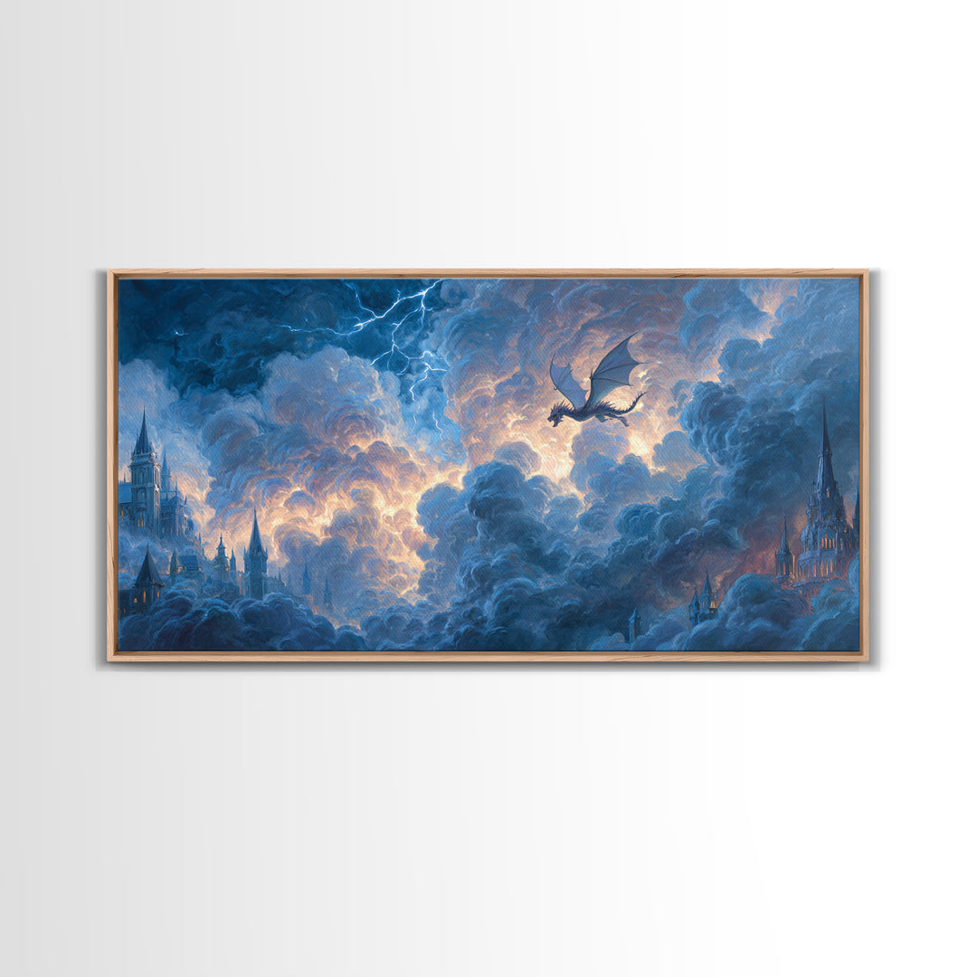 Storm Dragon Soaring Over Cloud Castles Framed Canvas Print, Fantasy Wall Art, Dramatic Sky Art, Medieval Home Decor, Gift For Him