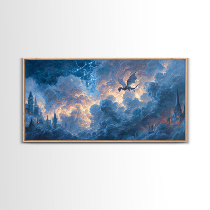 Storm Dragon Soaring Over Cloud Castles Framed Canvas Print, Fantasy Wall Art, Dramatic Sky Art, Medieval Home Decor, Gift For Him