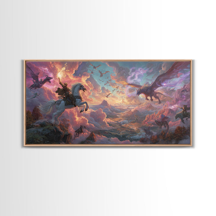Knight And Dragons Battle Wall Art, Winged Fantasy Sky Canvas, Epic Medieval Adventure Decor, Large Mythical Art Print Gift