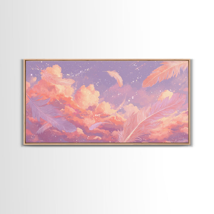 Peach Pink Cloudscape With Feathers Wall Art, Celestial Pastel Sky Canvas Print, Dreamy Nursery And Bedroom Decor, Gift For Her