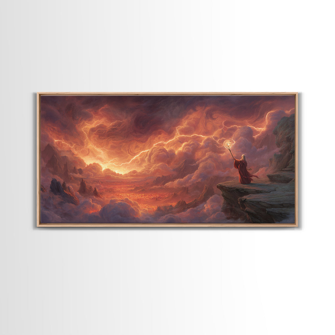 Wizard On Cliff Above Fiery Clouds Wall Art, Epic Fantasy Landscape, Mystical Magic Decor, Dramatic Canvas Print, Gift For Him