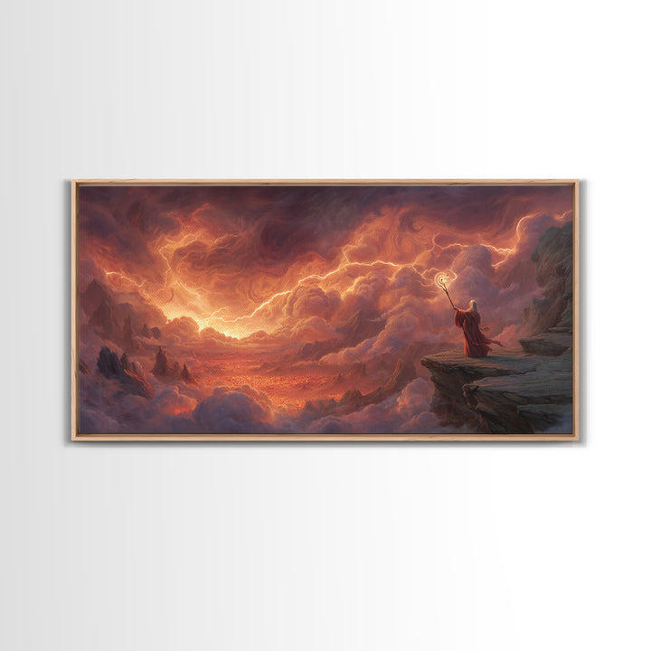 Wizard On Cliff Above Fiery Clouds Wall Art, Epic Fantasy Landscape, Mystical Magic Decor, Dramatic Canvas Print, Gift For Him