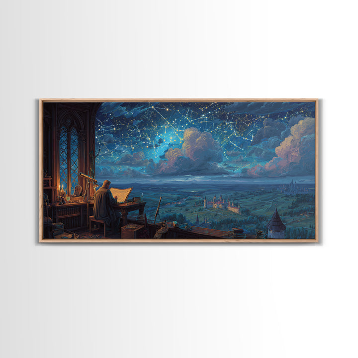 Scholar Studying A Starry Medieval Sky Wall Art, Gothic Library Decor, Fantasy Castle Landscape, Dark Academia Print, Book Lover Gift