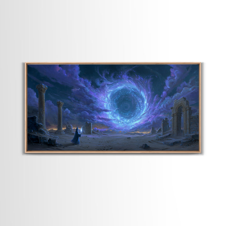 Wizard Portal Ruins Wall Art, Cosmic Vortex Fantasy Canvas, Mystical Dark Magic Decor, Surreal Landscape Art Print For Game Room