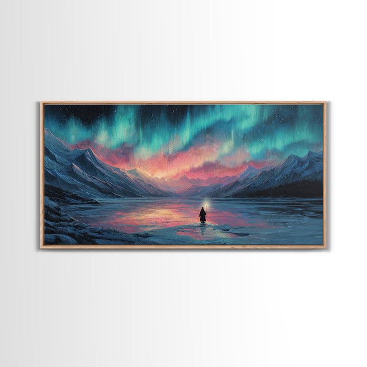 Northern Lights Over Mountain Lake Canvas Print, Aurora Wall Art, Peaceful Landscape For Cabin Decor And Above Bed Wall Decor