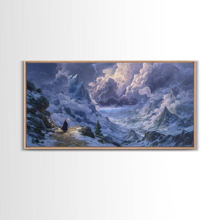 Snowy Mountain Wizard Wall Art, Epic Fantasy Canvas Print, Dungeons And Dragons Decor, Winter Landscape, Gamer Gift, Gift For Him