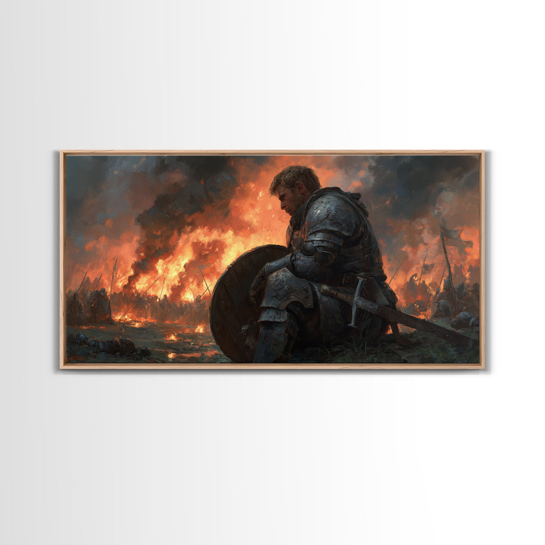 Wounded Medieval Knight On Burning Battlefield Wall Art, Dark Fantasy Warrior Canvas, Gothic Man Cave Decor, Gift For Him