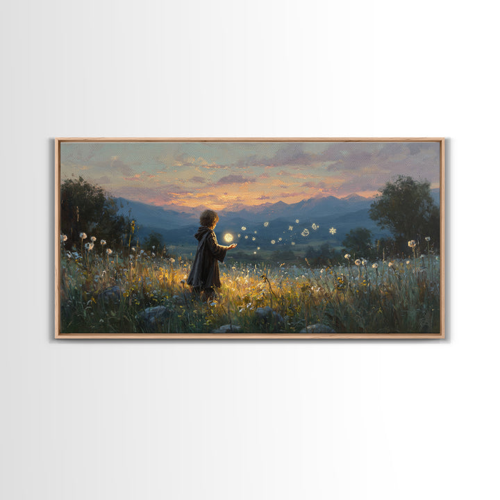 Child With Fireflies In Wildflower Meadow Wall Art, Whimsical Landscape Canvas Print, Nursery Decor, Magical Nature Gift